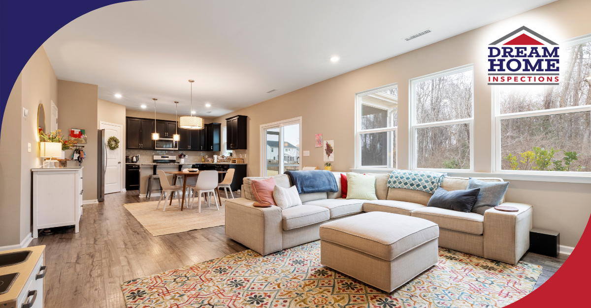 Bright and modern open-concept living room and kitchen interior.