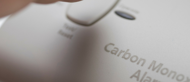 Hand pressing the test/reset button on a carbon monoxide alarm.