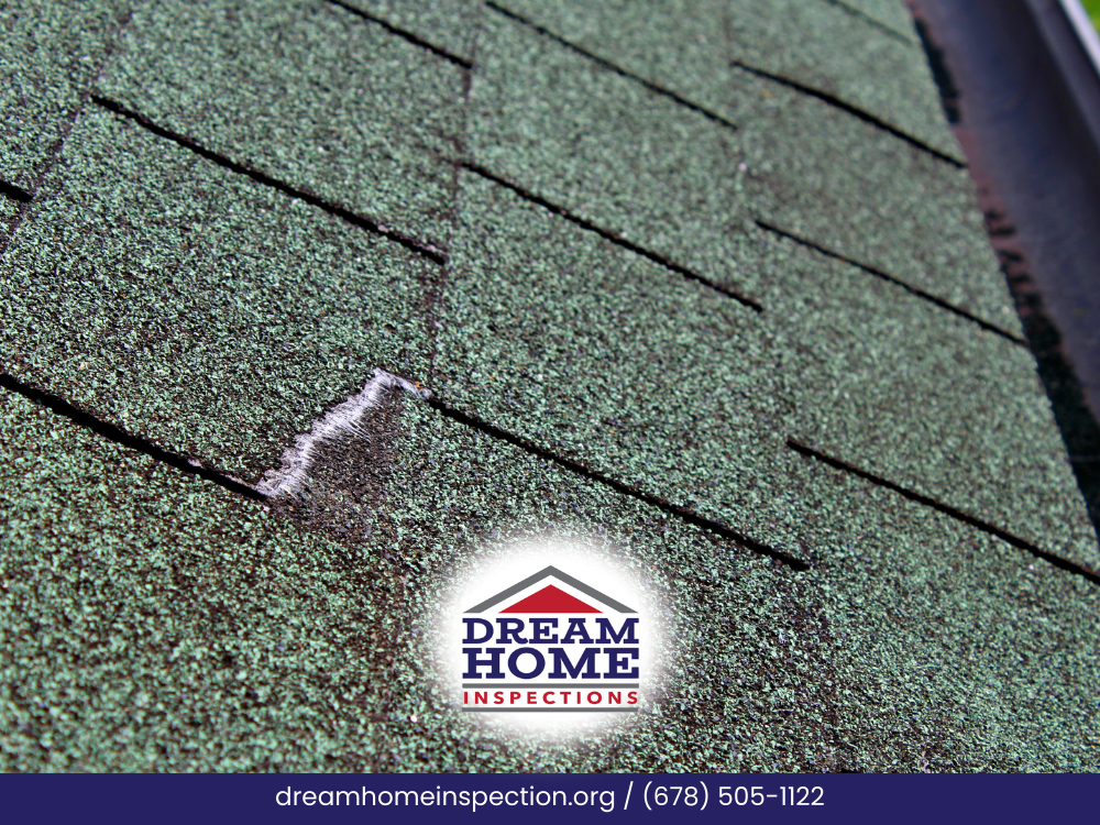 Granule loss and wear on asphalt shingles indicating aging roof.