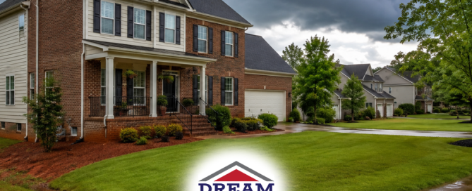 Brick home exterior after heavy rain