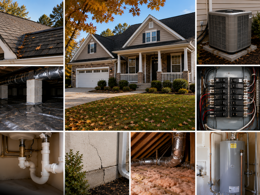 Home inspection collage showing roof crawl space HVAC electrical plumbing and foundation.